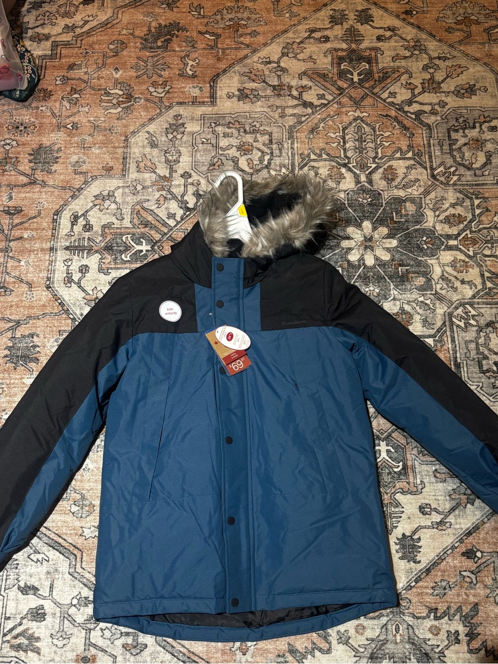 Kids Winter Parka Jacket with Faux Fur Trim - Blue & Black - Picture 3 of 8